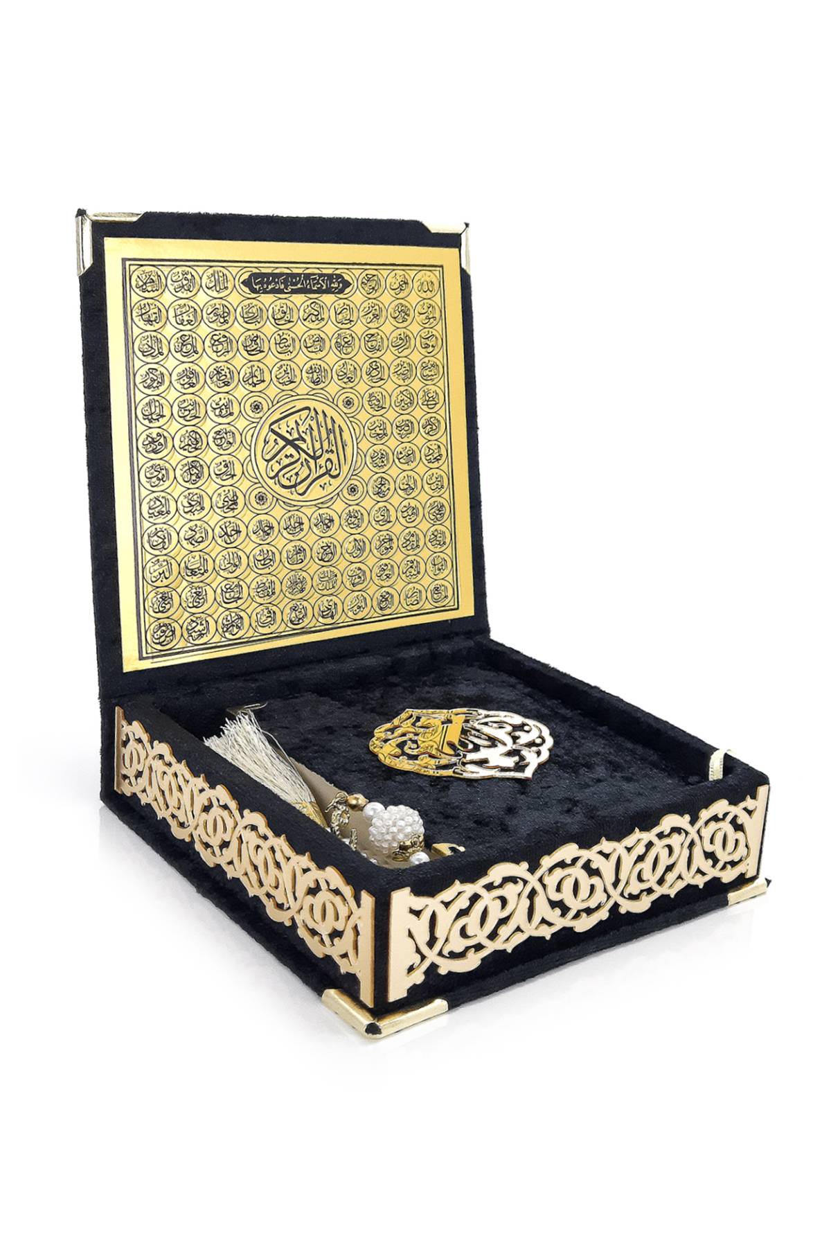 Black Holy Quran Gift Set | Pocket-Size Velvet Qu'ran, Tasbih & Asma ul Husna Box | Islamic Prayer Gift for Ramadan & Eid - Ihvan