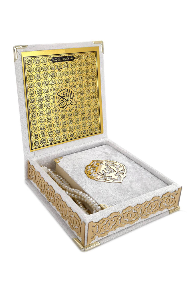 White Holy Quran Gift Set | Pocket-Size Velvet Qu'ran, Tasbih & Asma-ul Husna Box | Islamic Prayer Gift for Ramadan & Eid - Ihvan