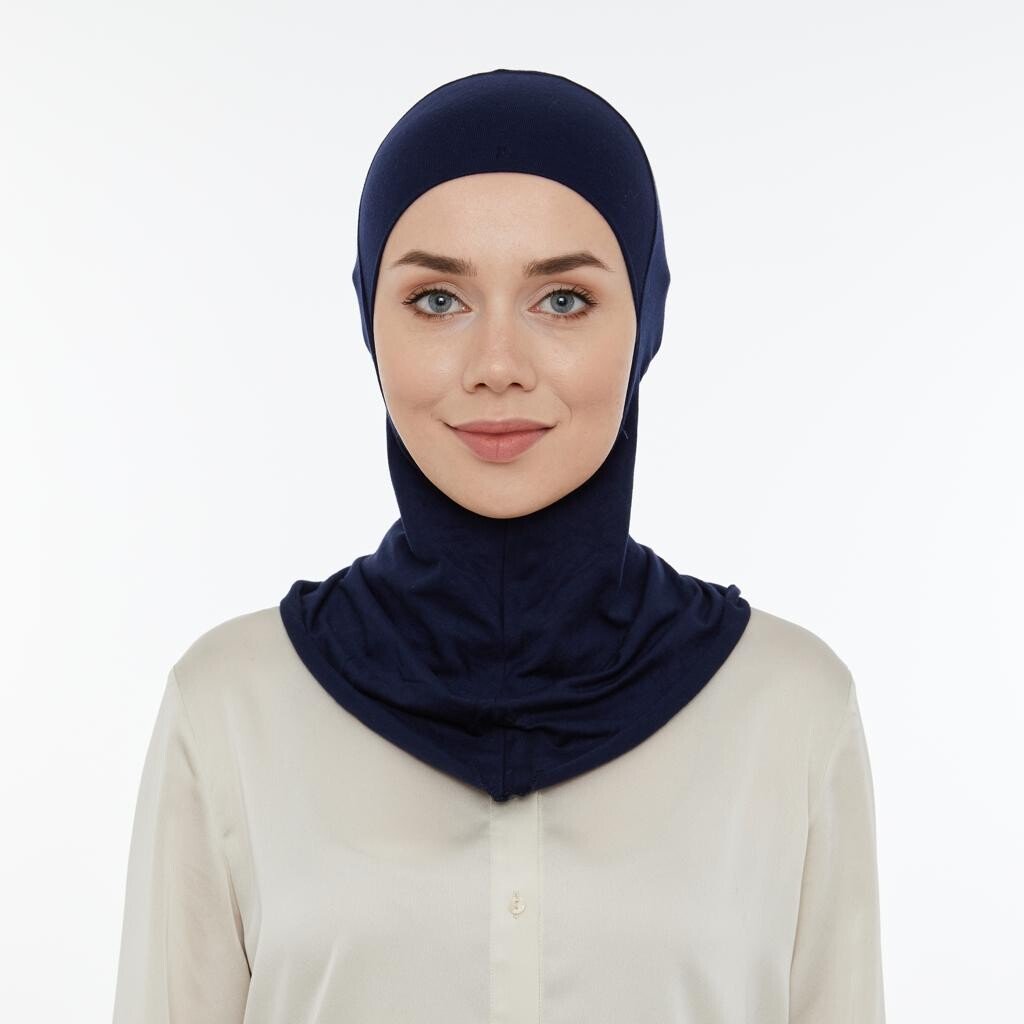 Hijab Undercap with Neck Collar | Practical Full Coverage Lycra Bonnet for Muslim Women - Navy - Ihvan