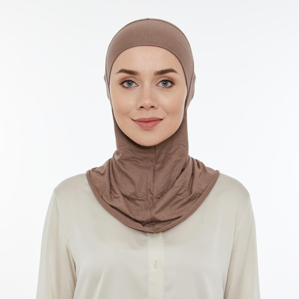 Hijab Undercap with Neck Collar | Practical Full Coverage Lycra Bonnet for Muslim Women - Brown - Ihvan
