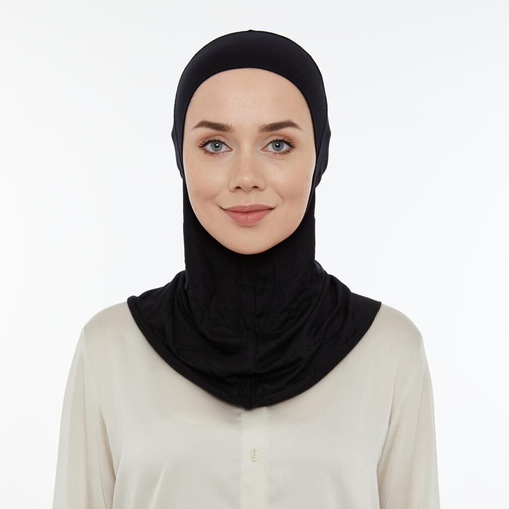 Hijab Undercap with Neck Collar | Practical Full Coverage Lycra Bonnet for Muslim Women - Black - Ihvan
