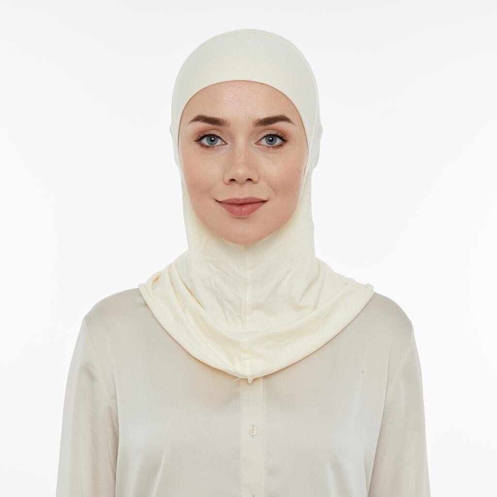 Hijab Undercap with Neck Collar | Practical Full Coverage Lycra Bonnet for Muslim Women - Cream - Ihvan