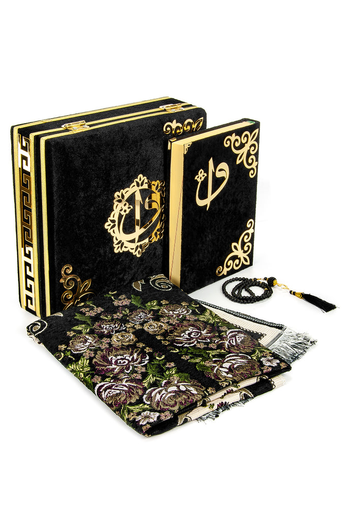 Black Velvet Covered Quran Gift Set | Muslim Prayer Rug, Holy Quran & Tasbih & Box - Ihvan