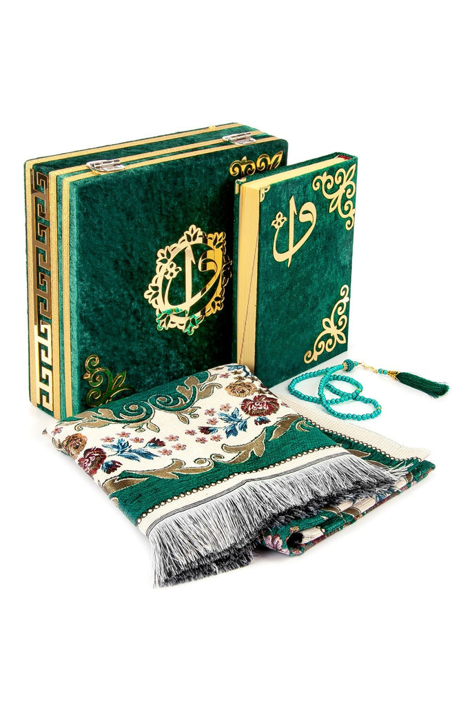Green Velvet Covered Quran Gift Set | Muslim Prayer Rug, Holy Quran & Tasbih & Box - Ihvan