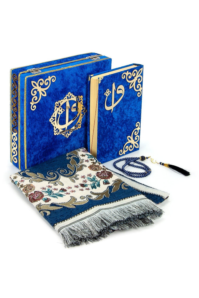Blue Velvet Covered Quran Gift Set | Muslim Prayer Rug, Holy Quran & Tasbih & Box - Ihvan