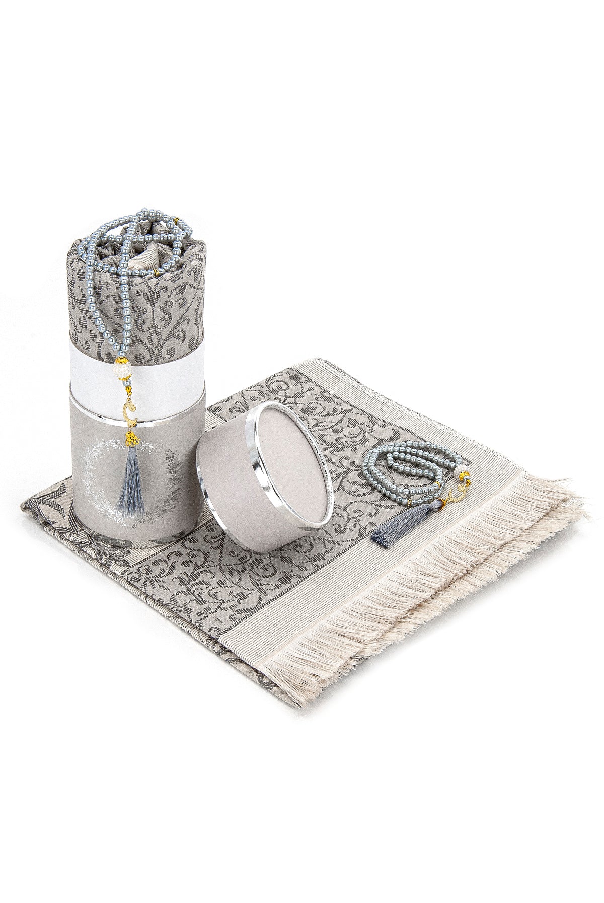 Refined Silky Muslim Prayer Rug Set (Sajadah | Tasbih | Cylinder Gift Box) - Ihvan