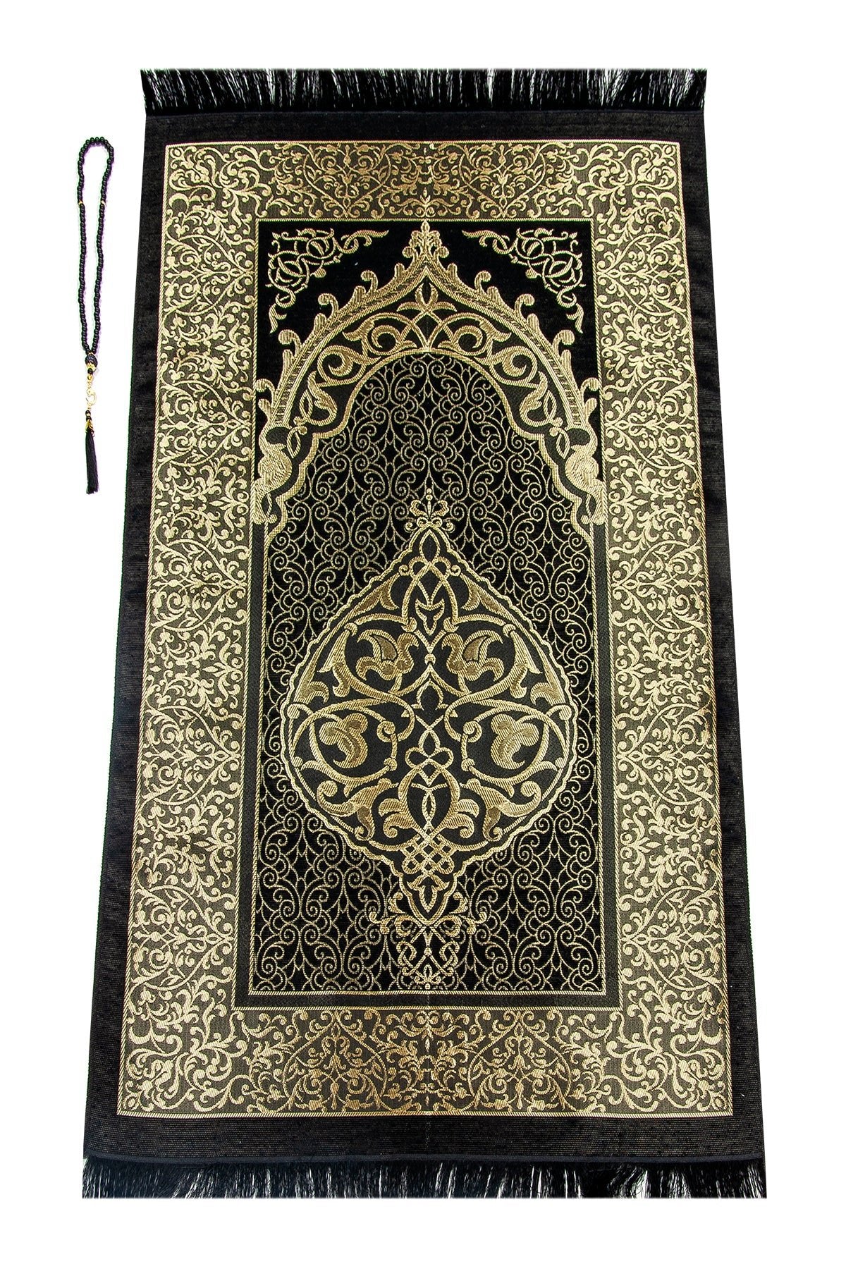 Lightweight Black Muslim Prayer Rug Set (Sajadah | Tasbih | Kaaba Cylinder Box) - Ihvan