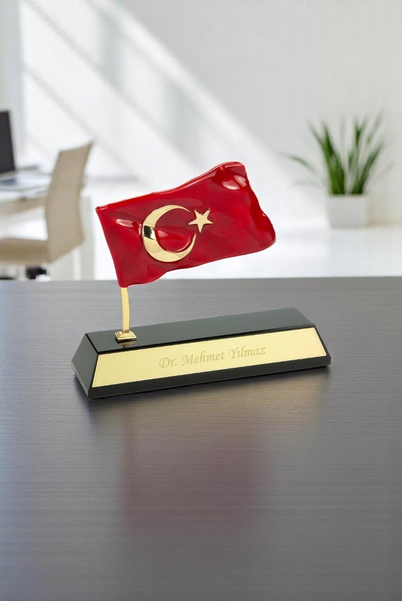 Personalized Turkish Flag Desk Name Plate | Custom Office Name Tag with Gift Box - Ihvan