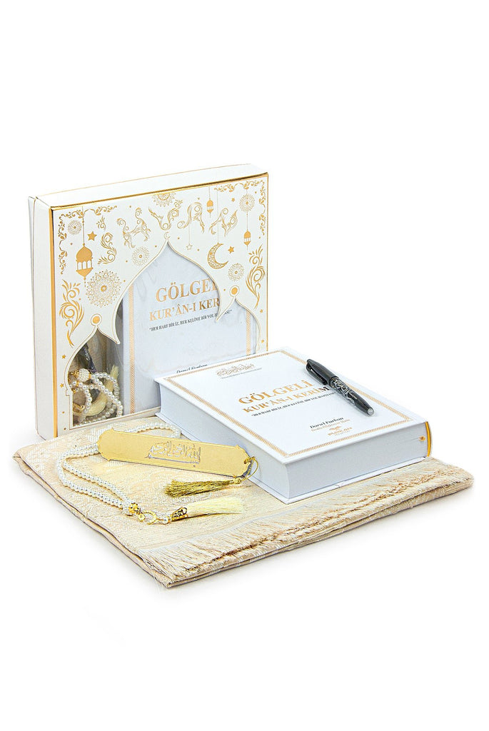 White Islamic Prayer Gift Set | Holy Quran, Prayer Rug, Erasable Pen & Prayer Accessories - Ihvan