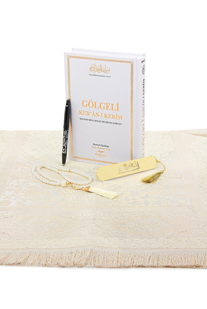 White Islamic Prayer Gift Set | Holy Quran, Prayer Rug, Erasable Pen & Prayer Accessories - Ihvan