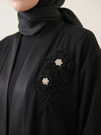 Abaya Ferace Handmade Beaded Stone Flower Embroidered Satin Shawl with Collar Belt 9647 - 26 - Black - ihvan