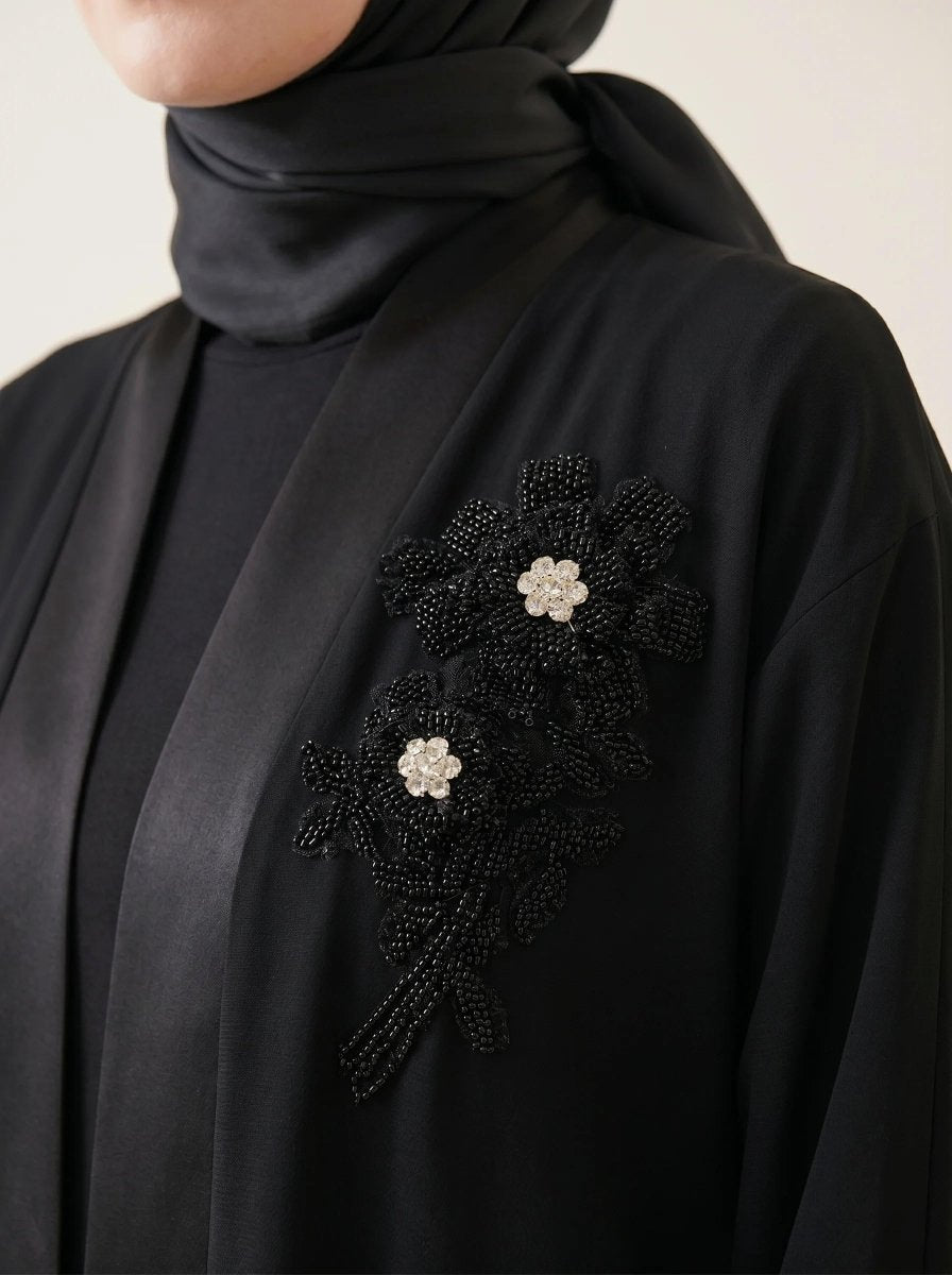 Abaya Ferace Handmade Beaded Stone Flower Embroidered Satin Shawl with Collar Belt 9647 - 26 - Black - ihvan