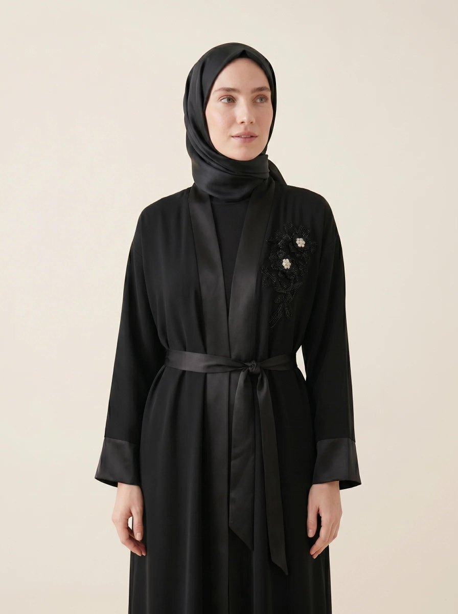 Abaya Ferace Handmade Beaded Stone Flower Embroidered Satin Shawl with Collar Belt 9647 - 26 - Black - ihvan