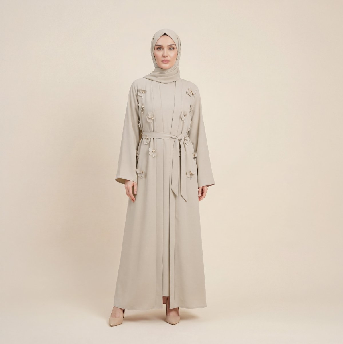 Abaya Rose Floral Appliqué Belted Long Sleeved 9618 - 26 - Beige - ihvan