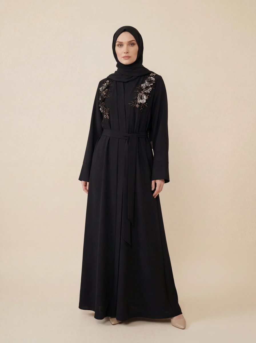 Abaya Set with Flower Applique, Stone Bead Detail, Belt, Long Sleeves, Black 9679 - 26 - ihvan