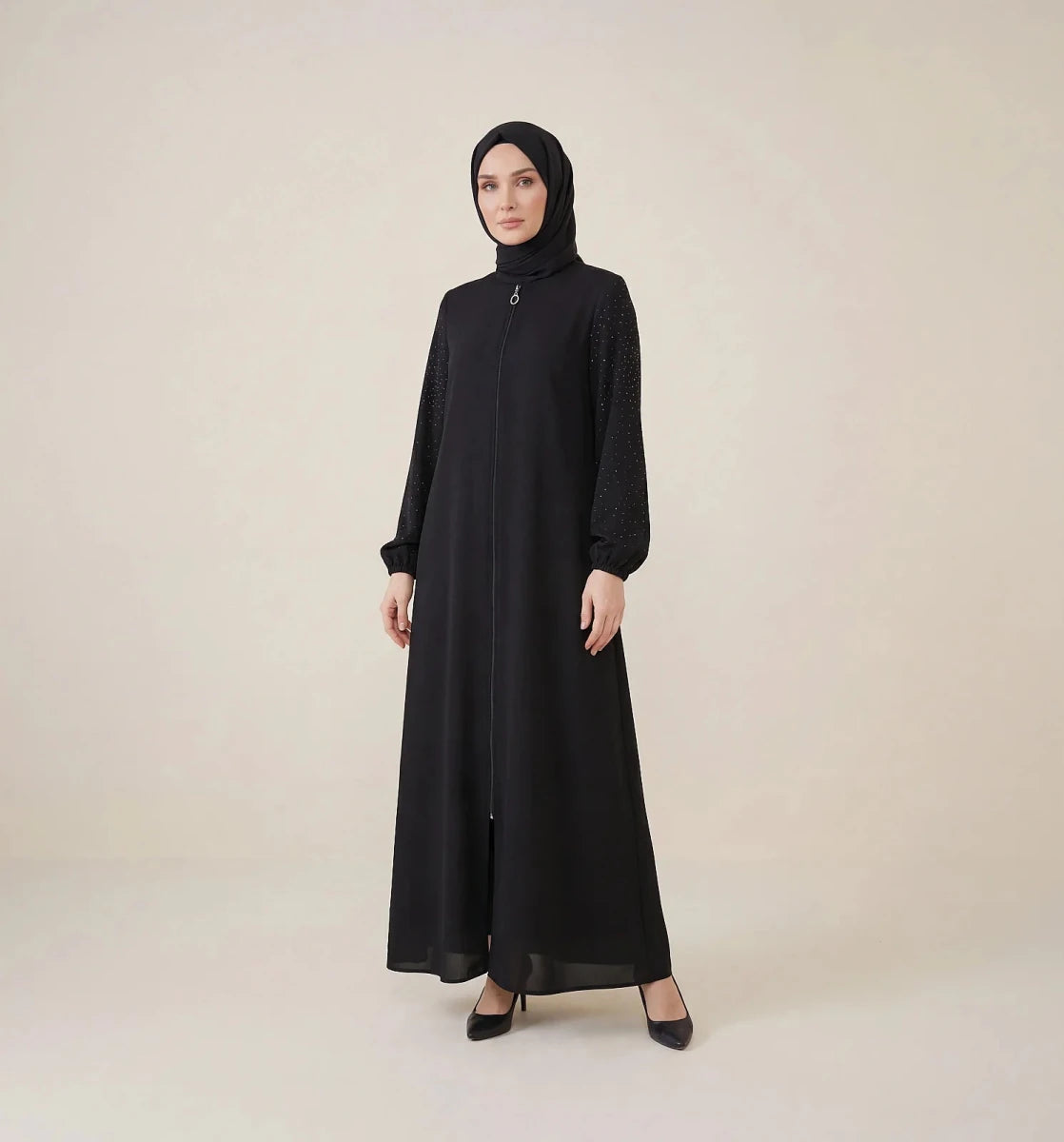 Abaya with Stone Embellished Sleeves, Front Zipper, Mandarin Collar, Elastic Cuffs 9593-26 - Black - ihvan