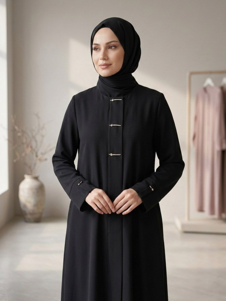 Accessory Detailed Zippered Crepe Abaya Black 9560 - 26 - ihvan