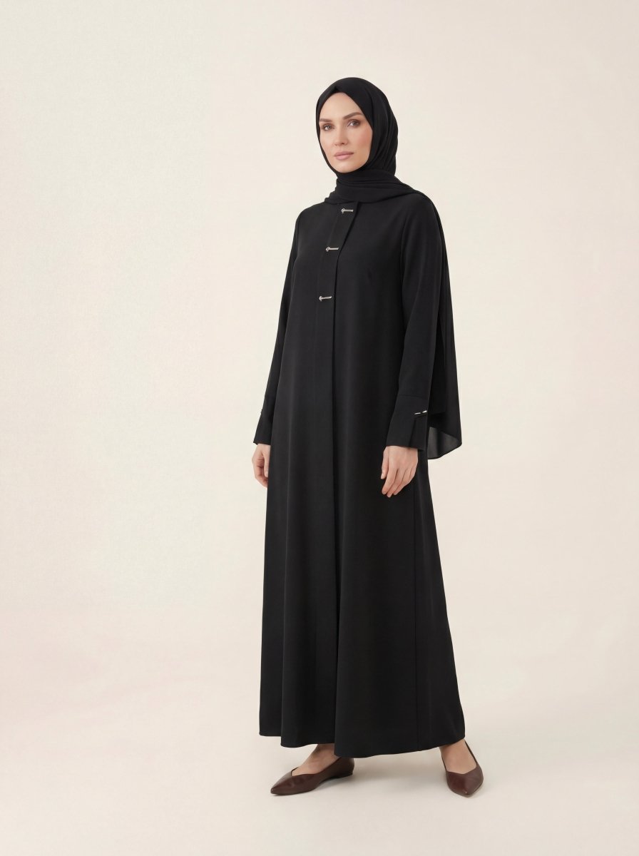 Accessory Detailed Zippered Crepe Abaya Black 9560 - 26 - ihvan