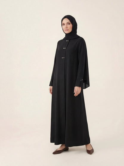 Accessory Detailed Zippered Crepe Abaya Black 9560 - 26 - ihvan