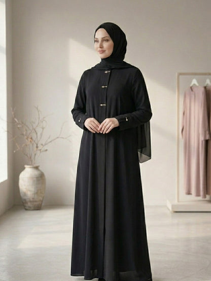Accessory Detailed Zippered Crepe Abaya Black 9560 - 26 - ihvan