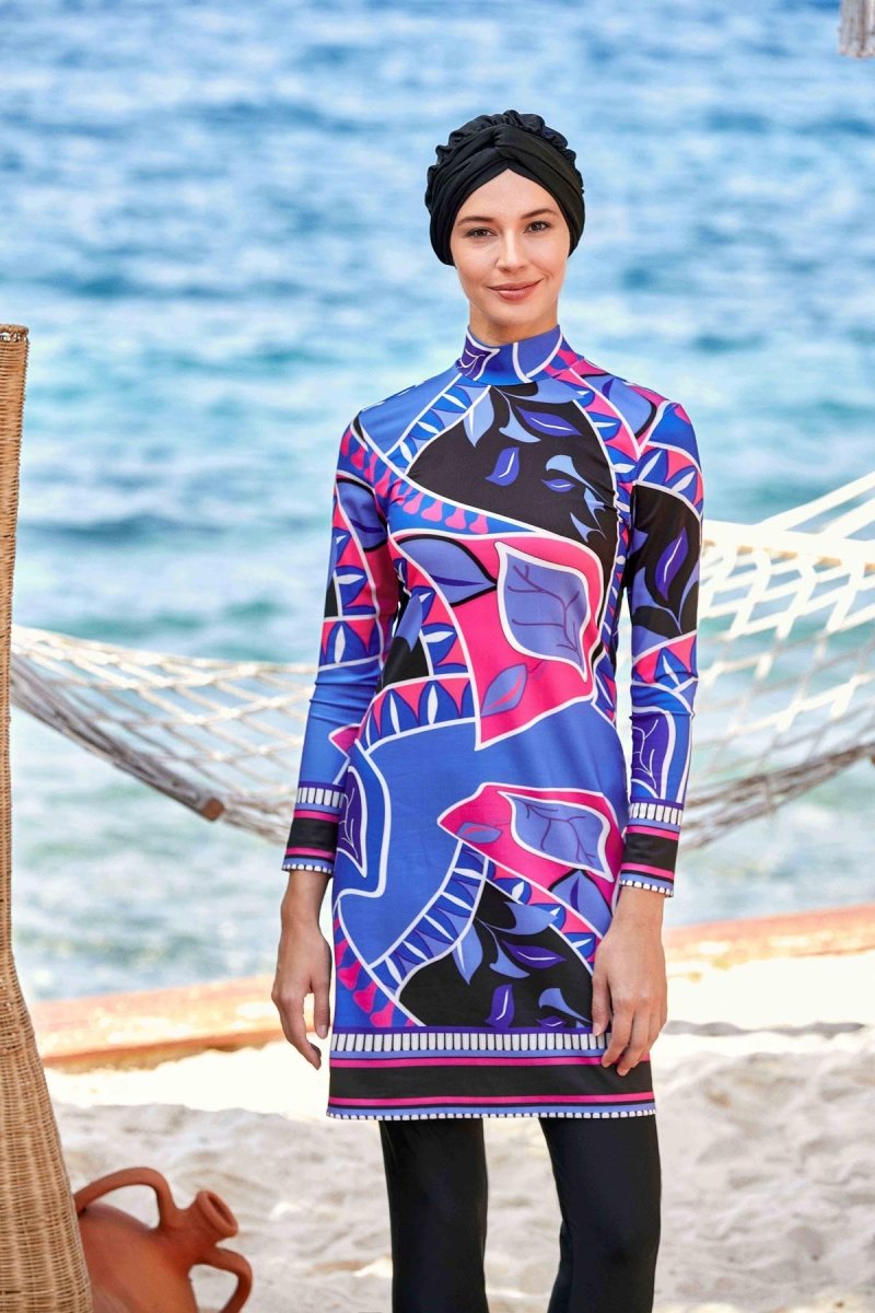 Adasea 4504 Black Leaf Pattern Full Coverage Hijab Swimsuit - ihvan
