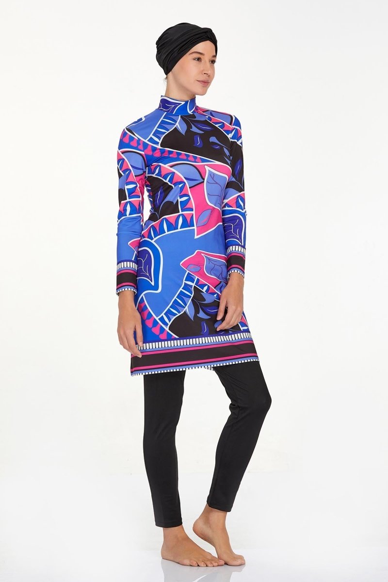 Adasea 4504 Black Leaf Pattern Full Coverage Hijab Swimsuit - ihvan