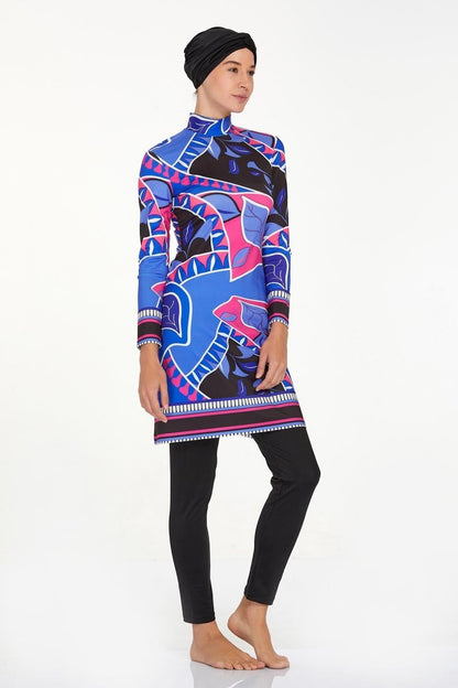 Adasea 4504 Black Leaf Pattern Full Coverage Hijab Swimsuit - ihvan