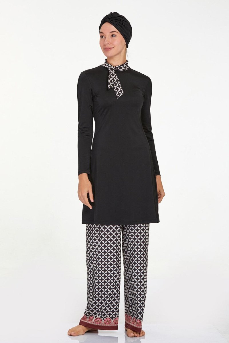 Adasea 4514 - 24 Black Delmar Patterned Modest Swimsuit - ihvan