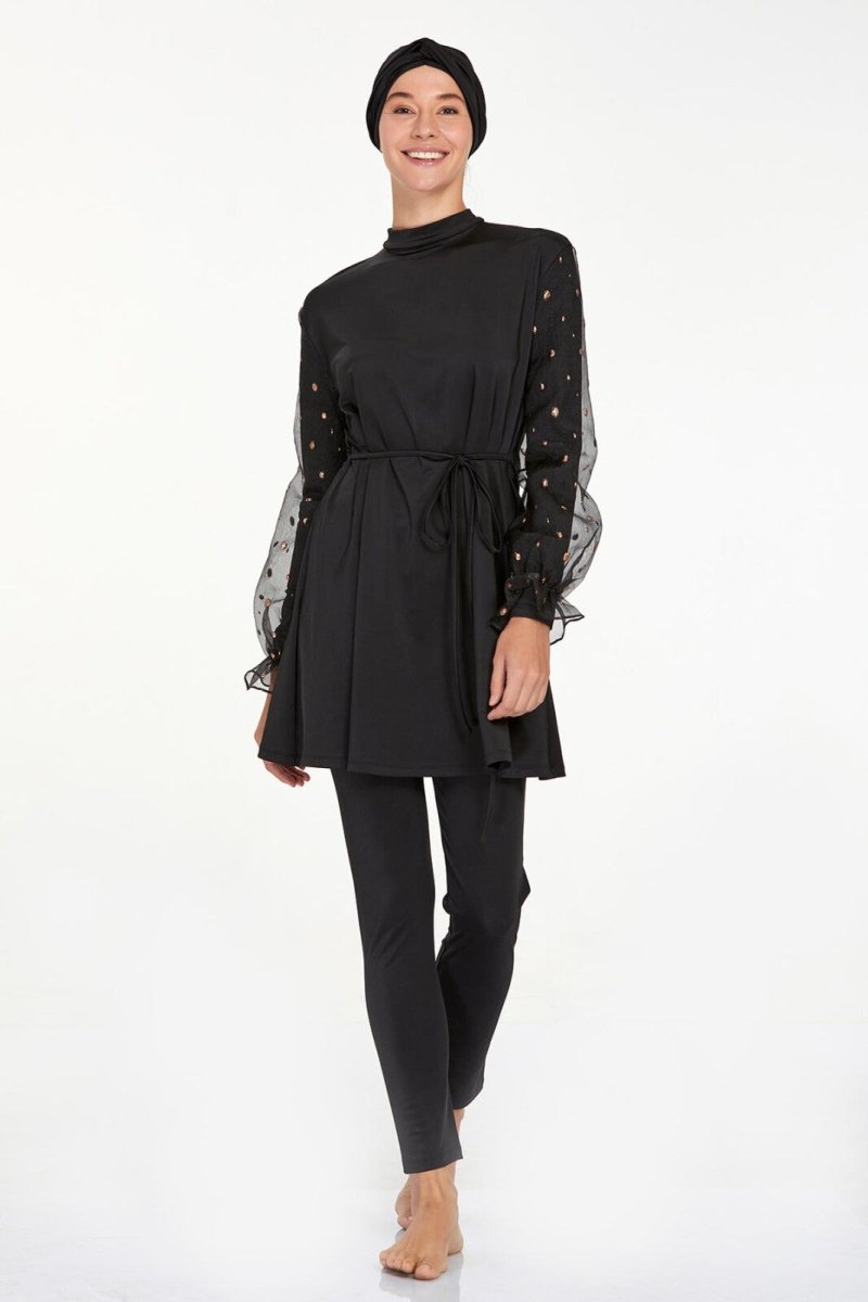 Adasea 4557 Black Lycra Chiffon Full Coverage Hijab Swimsuit Set with Sleeve Detail - ihvan