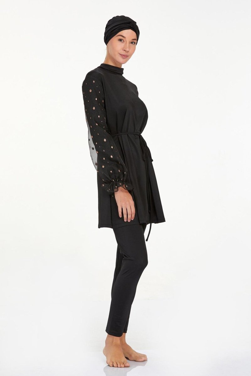 Adasea 4557 Black Lycra Chiffon Full Coverage Hijab Swimsuit Set with Sleeve Detail - ihvan