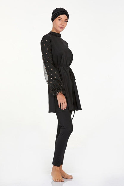 Adasea 4557 Black Lycra Chiffon Full Coverage Hijab Swimsuit Set with Sleeve Detail - ihvan