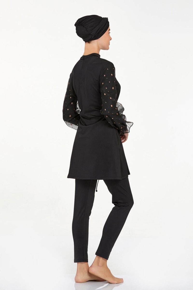 Adasea 4557 Black Lycra Chiffon Full Coverage Hijab Swimsuit Set with Sleeve Detail - ihvan