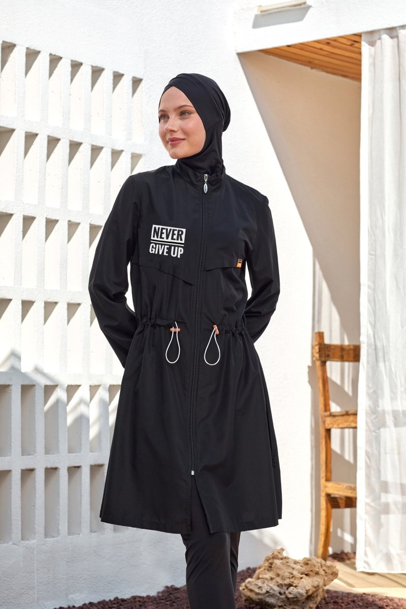 Adasea Ever Long Sleeved Neon Detailed Zippered Full-Covered Burkini 1402-25 Black - ihvan