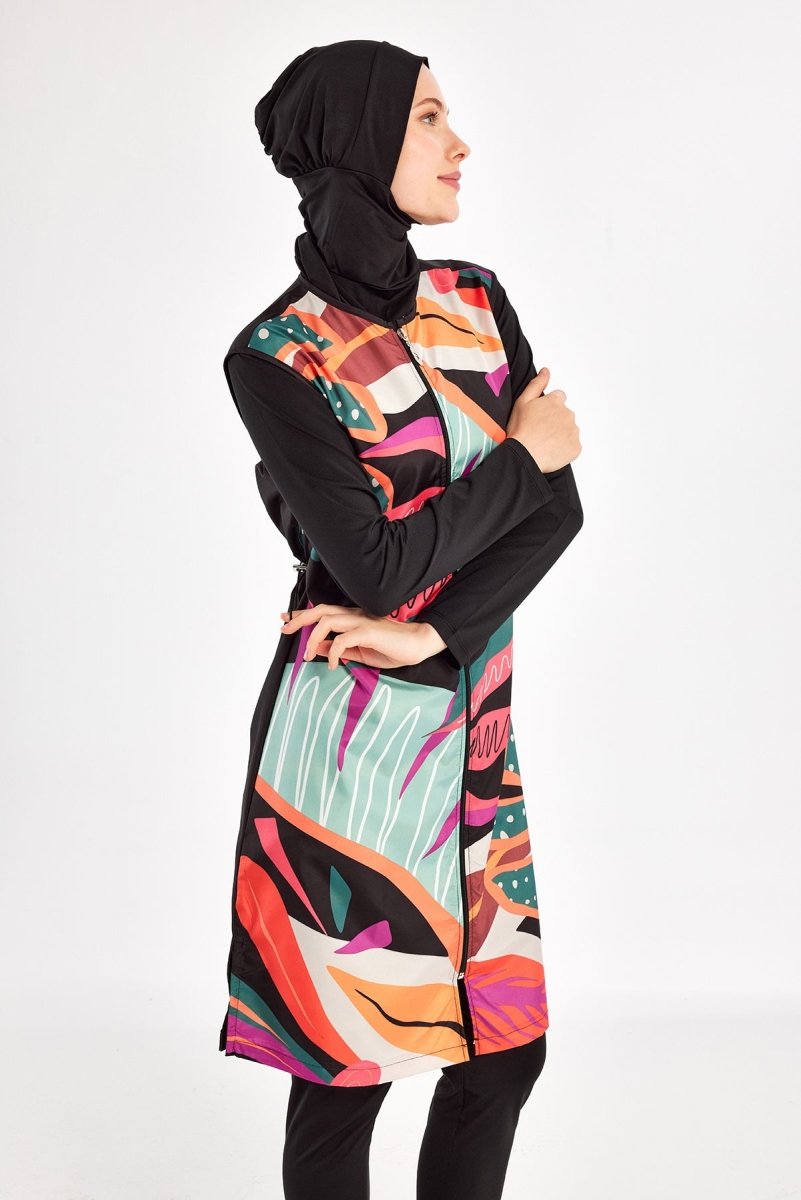 Adasea Kali Long - Sleeve Patterned Quick - Drying Full Coverage Swimsuit 1304 - 25 Black - ihvan