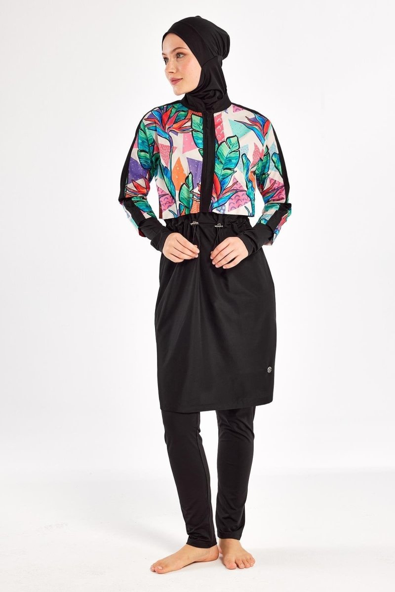 Adasea Sherry Long - Sleeved Full Coverage Hijab Swimsuit 1411 - 25 - Black - ihvan