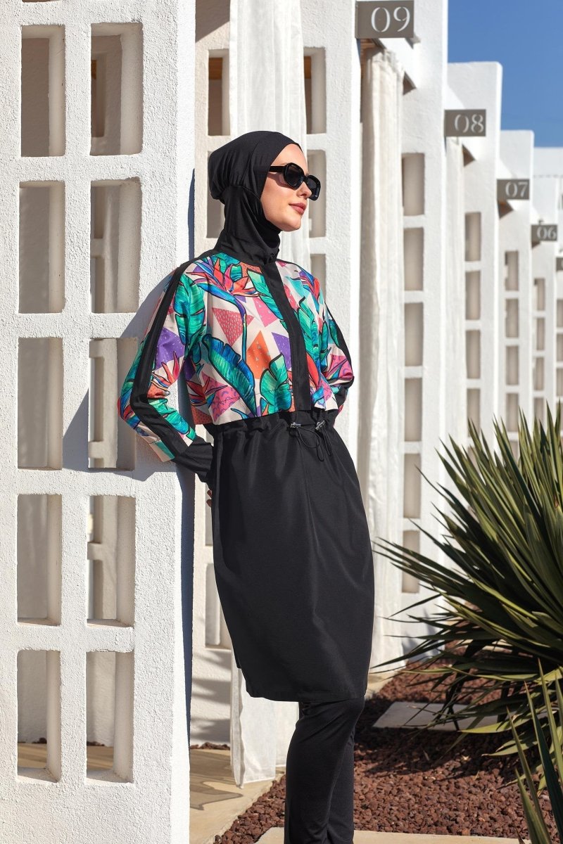 Adasea Sherry Long - Sleeved Full Coverage Hijab Swimsuit 1411 - 25 - Black - ihvan