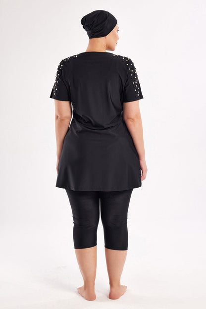 Adasea Tole Short - Sleeved Plus Size Extra Large Semi - Covered Hijab Swimsuit 1805 - 25 Black - ihvan