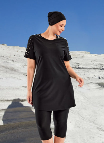 Adasea Tole Short - Sleeved Plus Size Extra Large Semi - Covered Hijab Swimsuit 1805 - 25 Black - ihvan