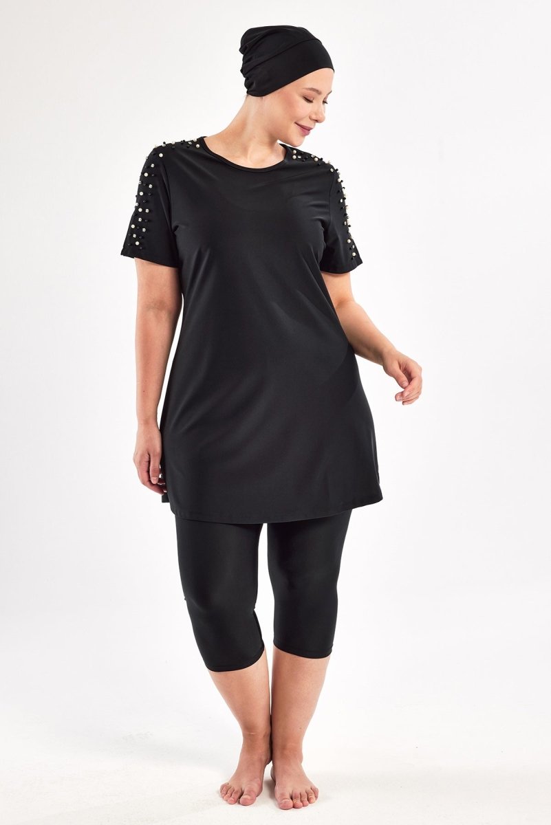 Adasea Tole Short - Sleeved Plus Size Extra Large Semi - Covered Hijab Swimsuit 1805 - 25 Black - ihvan