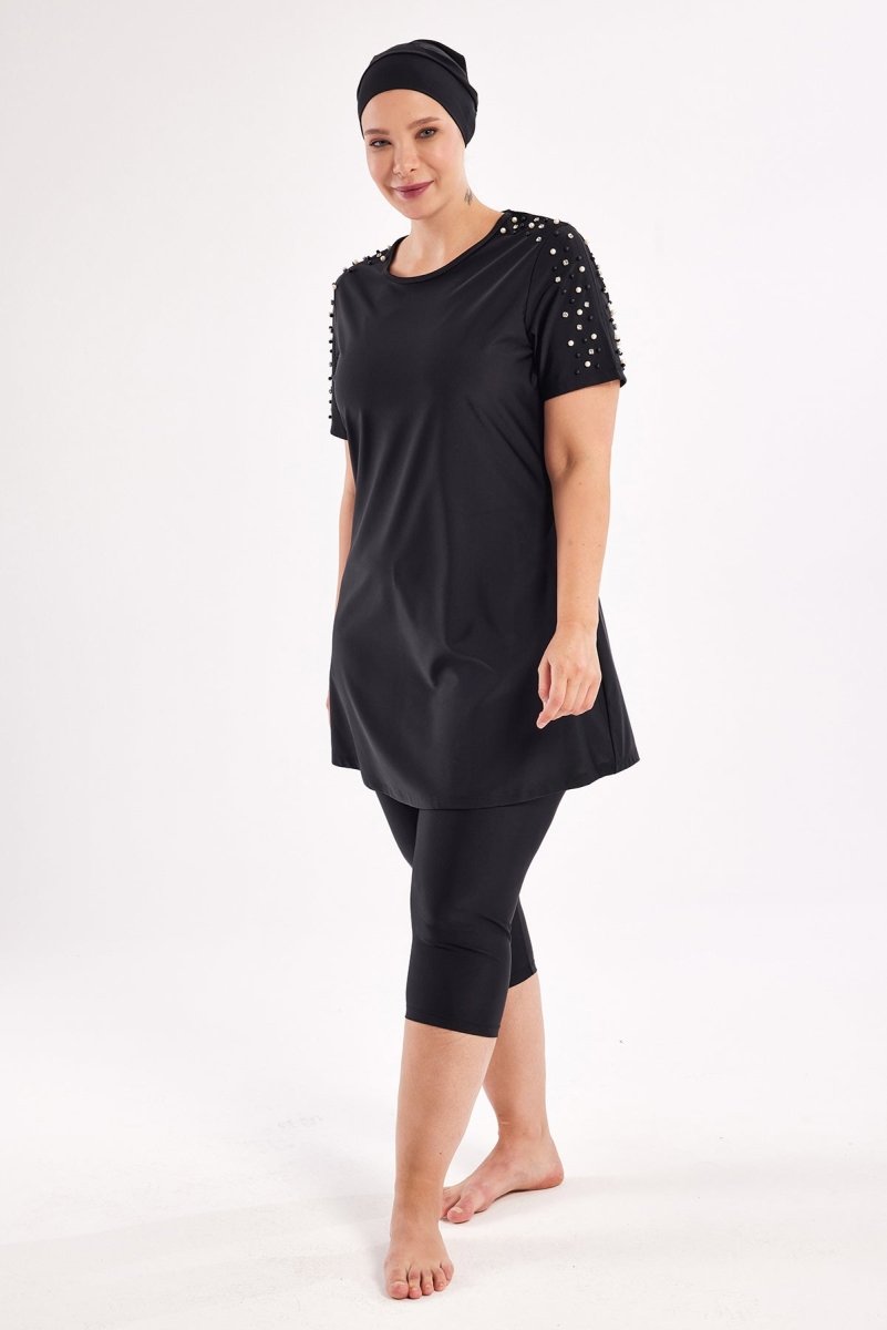 Adasea Tole Short - Sleeved Plus Size Extra Large Semi - Covered Hijab Swimsuit 1805 - 25 Black - ihvan