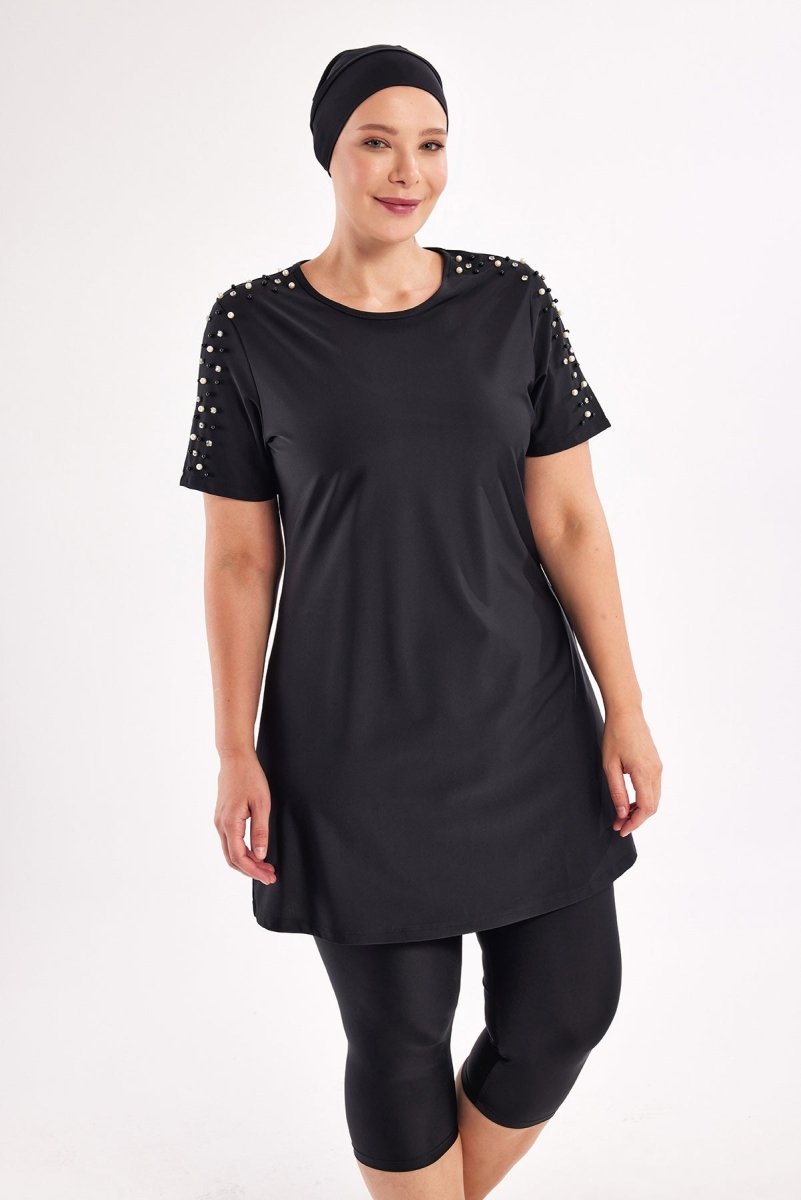 Adasea Tole Short - Sleeved Plus Size Extra Large Semi - Covered Hijab Swimsuit 1805 - 25 Black - ihvan