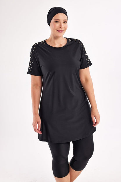Adasea Tole Short - Sleeved Plus Size Extra Large Semi - Covered Hijab Swimsuit 1805 - 25 Black - ihvan