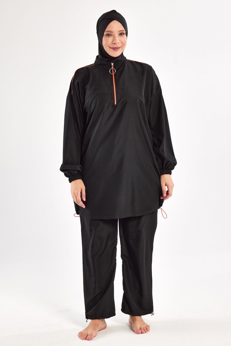 Adasea Valeria Long - Sleeved Plus Size Full Coverage Swimsuit 1804 - 25 Black - ihvan