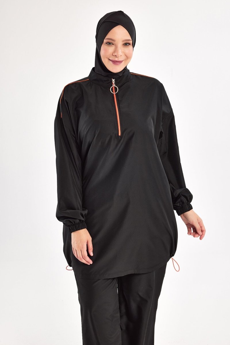 Adasea Valeria Long - Sleeved Plus Size Full Coverage Swimsuit 1804 - 25 Black - ihvan