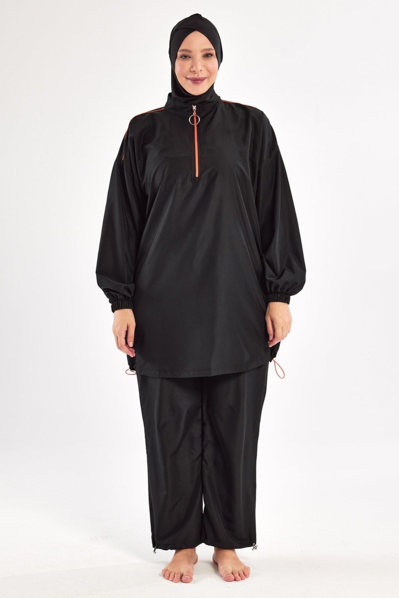 Adasea Valeria Long - Sleeved Plus Size Full Coverage Swimsuit 1804 - 25 Black - ihvan