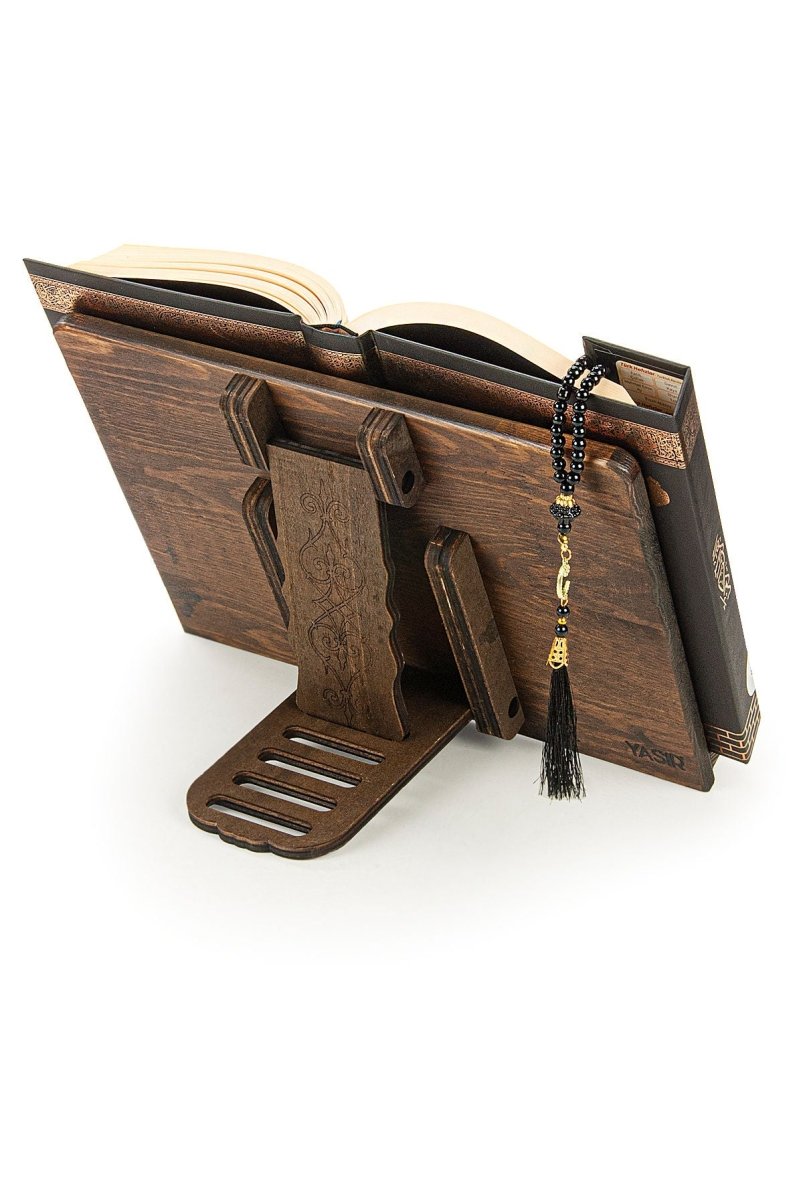 Adjustable Wooden Quran Stand Set with Kaaba Pattern Holy Quran – Handmade Pine Book Holder - ihvan