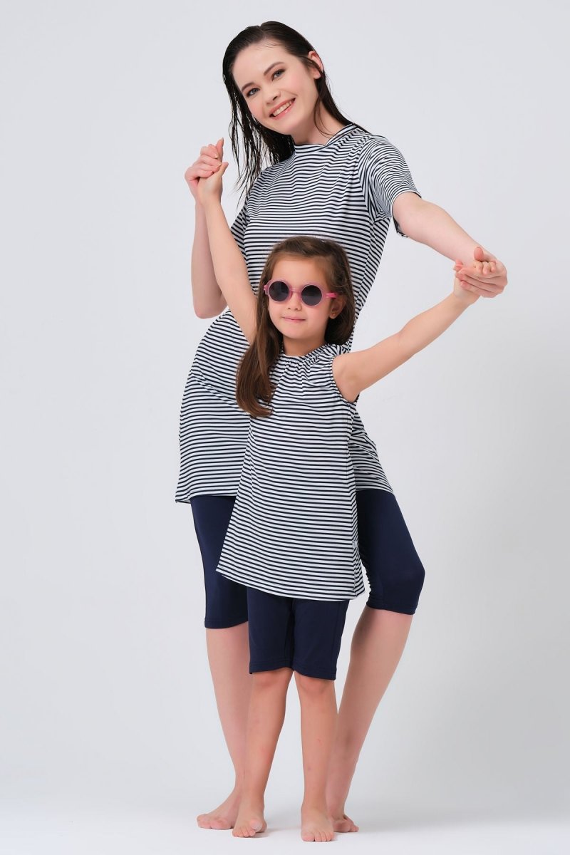 Alfasa 23150 Patterned Sleeveless Navy Blue Kids' Swimsuit - ihvan