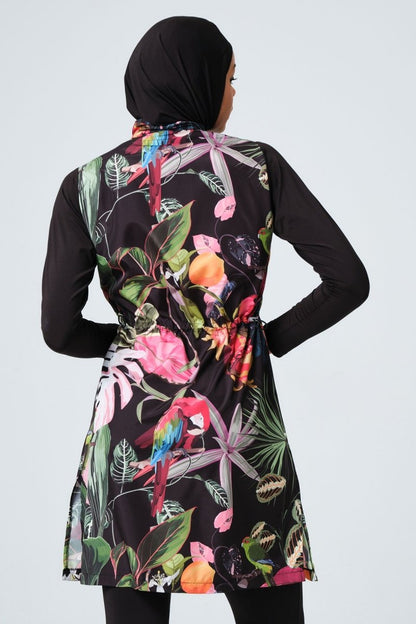 Alfasa 23430 Black and Pink Nature Pattern Full Coverage Hijab Swimsuit - ihvan