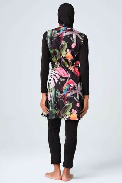Alfasa 23430 Black and Pink Nature Pattern Full Coverage Hijab Swimsuit - ihvan