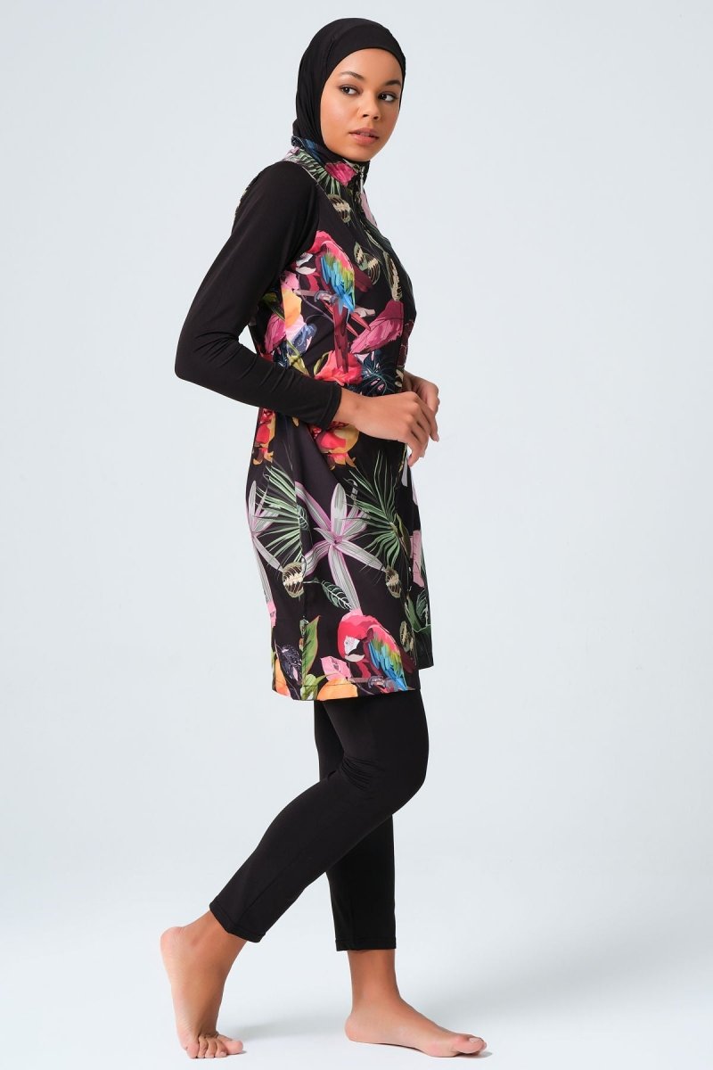 Alfasa 23430 Black and Pink Nature Pattern Full Coverage Hijab Swimsuit - ihvan